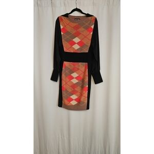 Sonia Rykiel Black Knit Dress with Orange, Brown & Cream Argyle Panels
